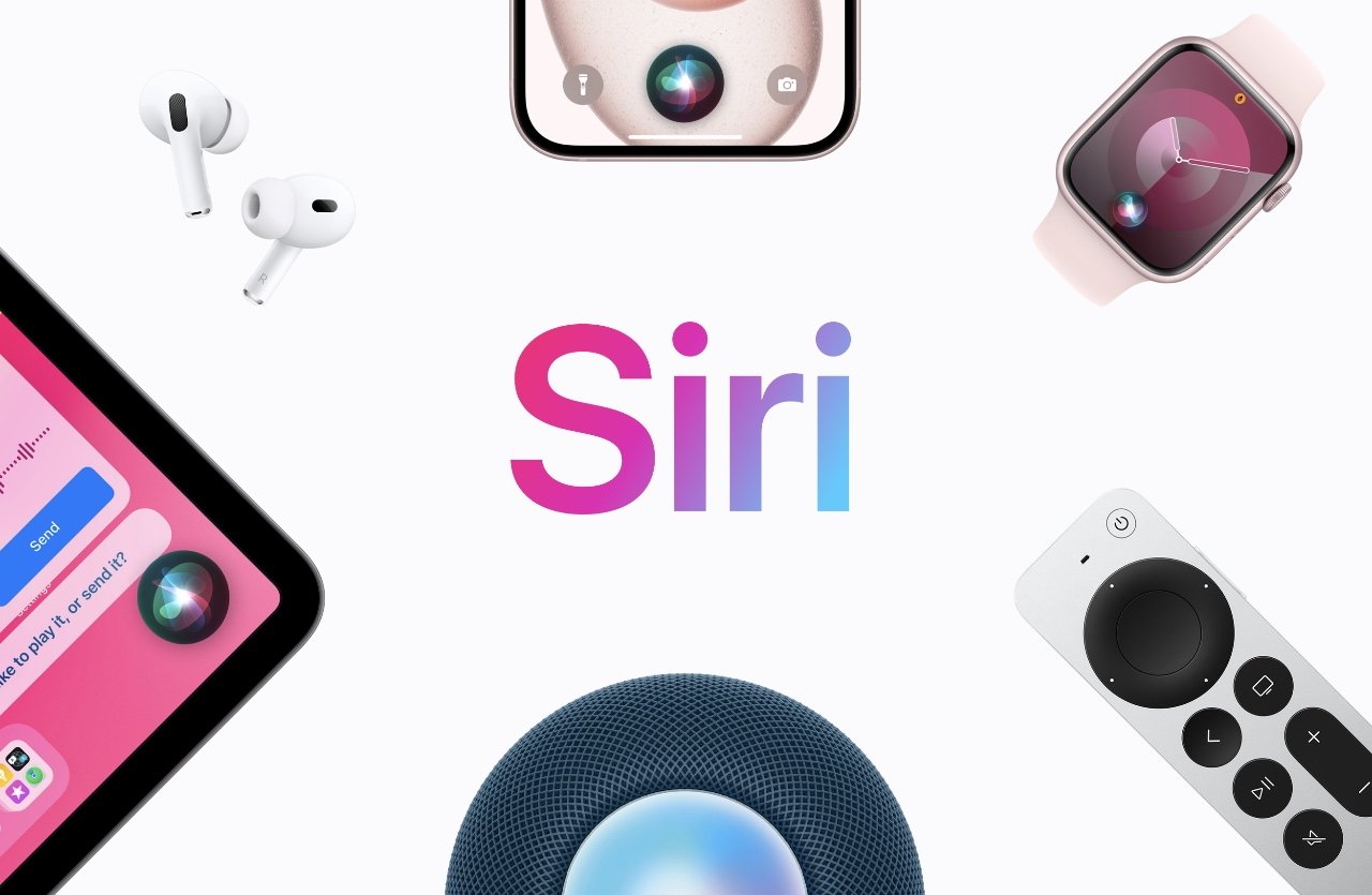 Collage of Apple products including AirPods, iPhone, Apple Watch, HomePod, and Siri Remote centered around the Siri logo.