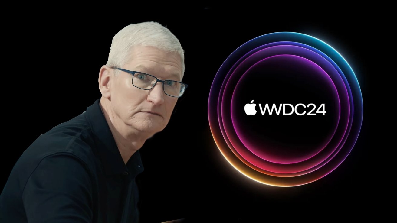 Tim Cook with a neutral expression next to a colorful Apple WWDC24 logo on a black background.