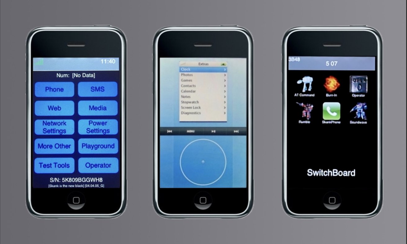 Three early versions of a smartphone UI with different apps and settings displayed on each screen.
