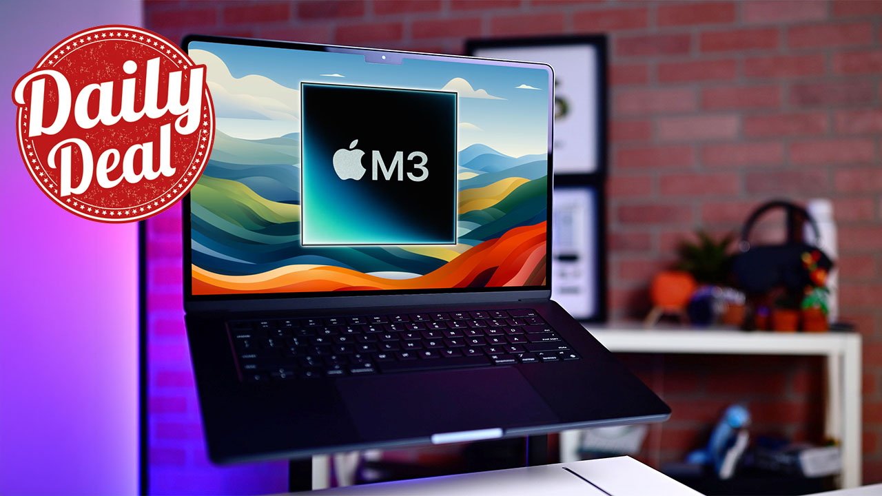 M3 MacBook Air 13-inch in Midnight finish on a desk with a sticker labeled 'M3' on the screen and a 'Daily Deal' badge overlay, against a brick wall background.