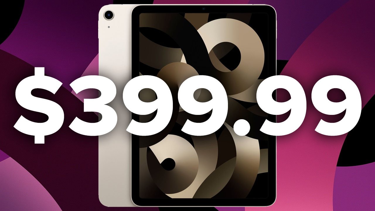 iPad Air 5 in Starlight displayed with a discounted price of $399.99 on a purple background.