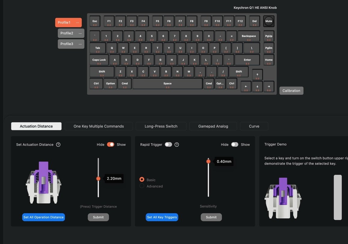 A screenshot of a keyboard customization software interface with various settings and a diagram of a mechanical keyboard switch.