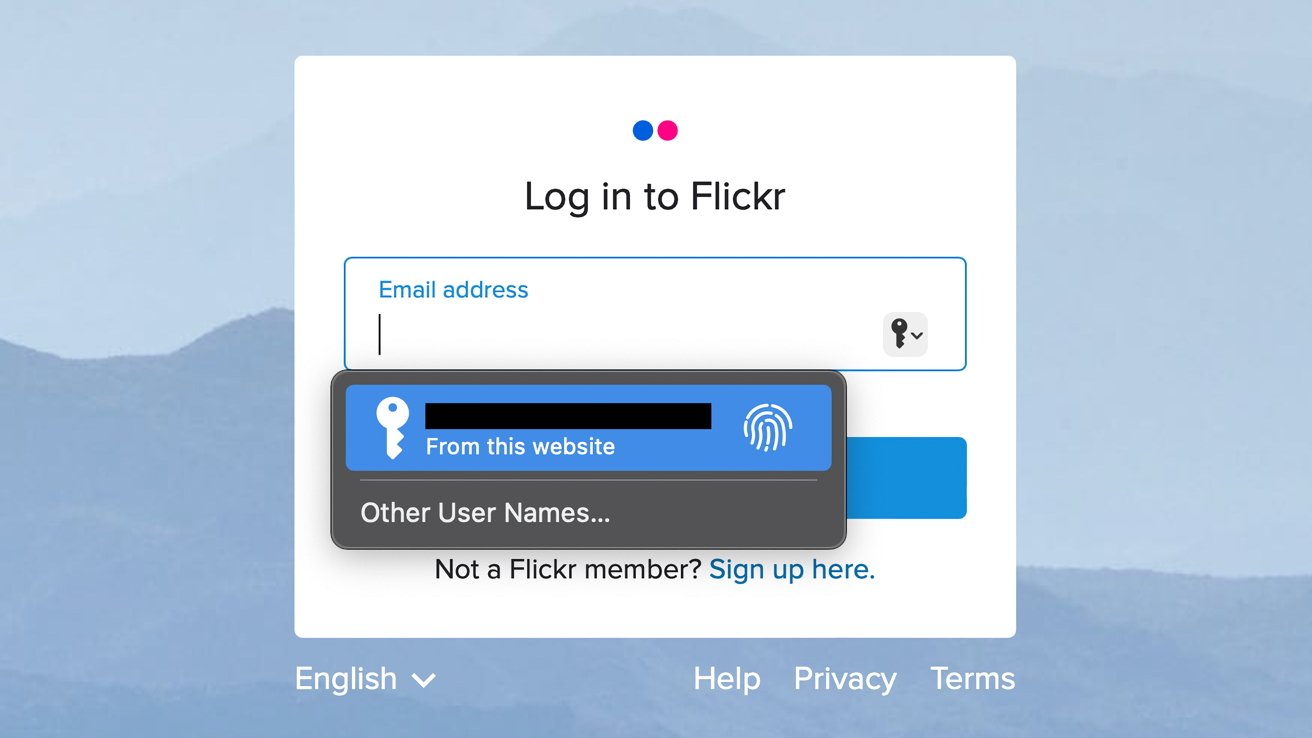 A Flickr login screen with password auto fill shown as a pop-up