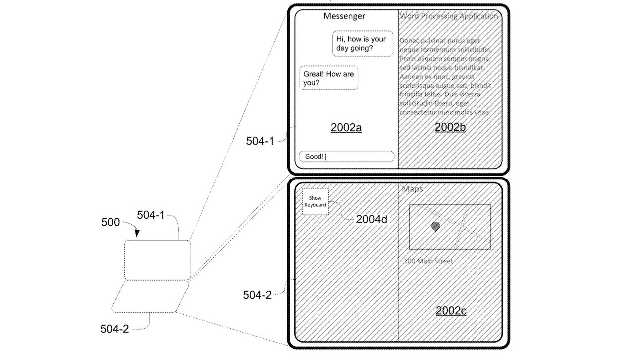 Diagram of a foldable electronic device displaying a messenger app and a maps navigation app.