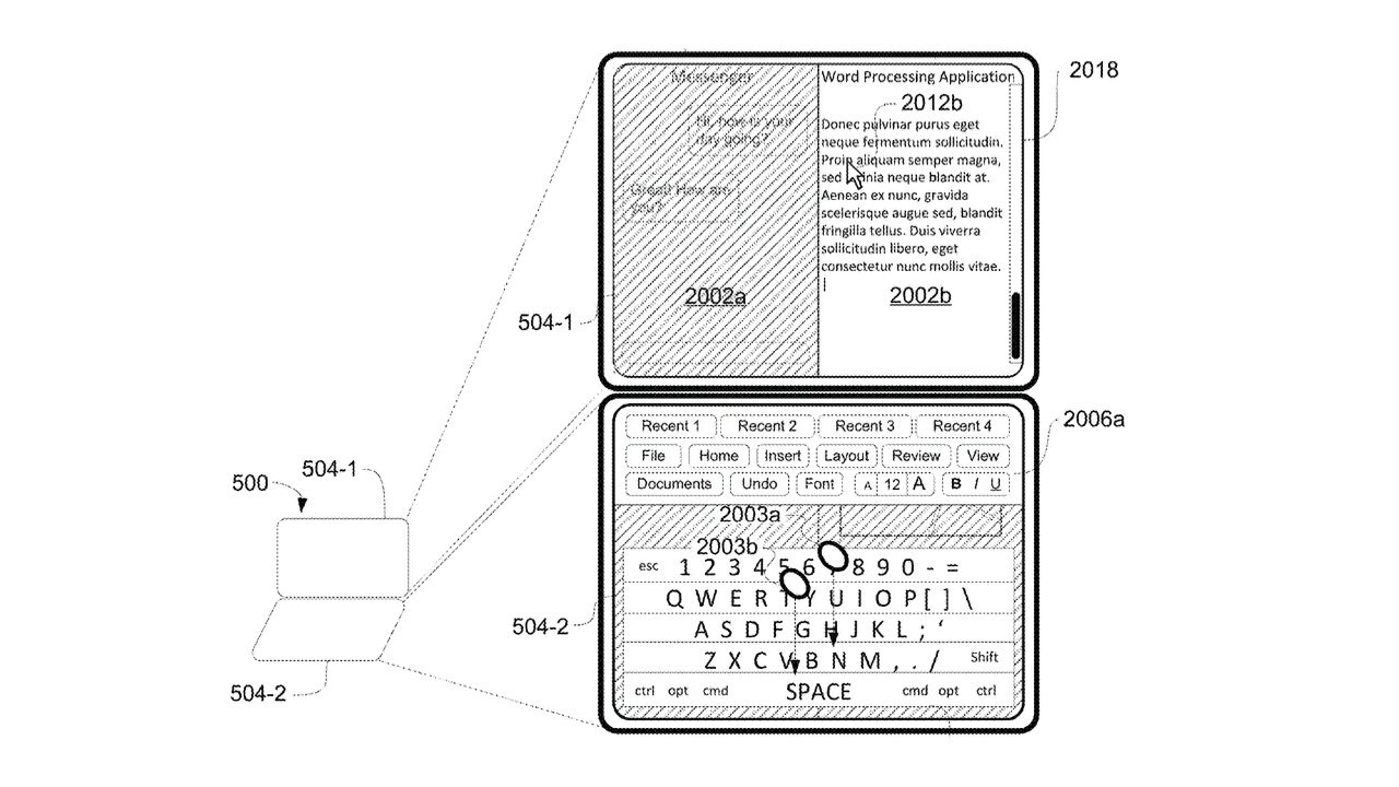 Diagram of a foldable smartphone with multiple screens showing a word processing application and a virtual keyboard.