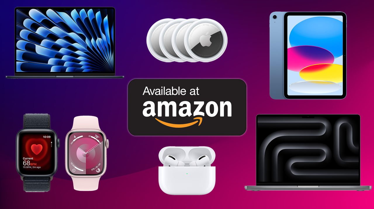 Assortment of Apple devices and accessories on purple background with Amazon logo denoting availability.