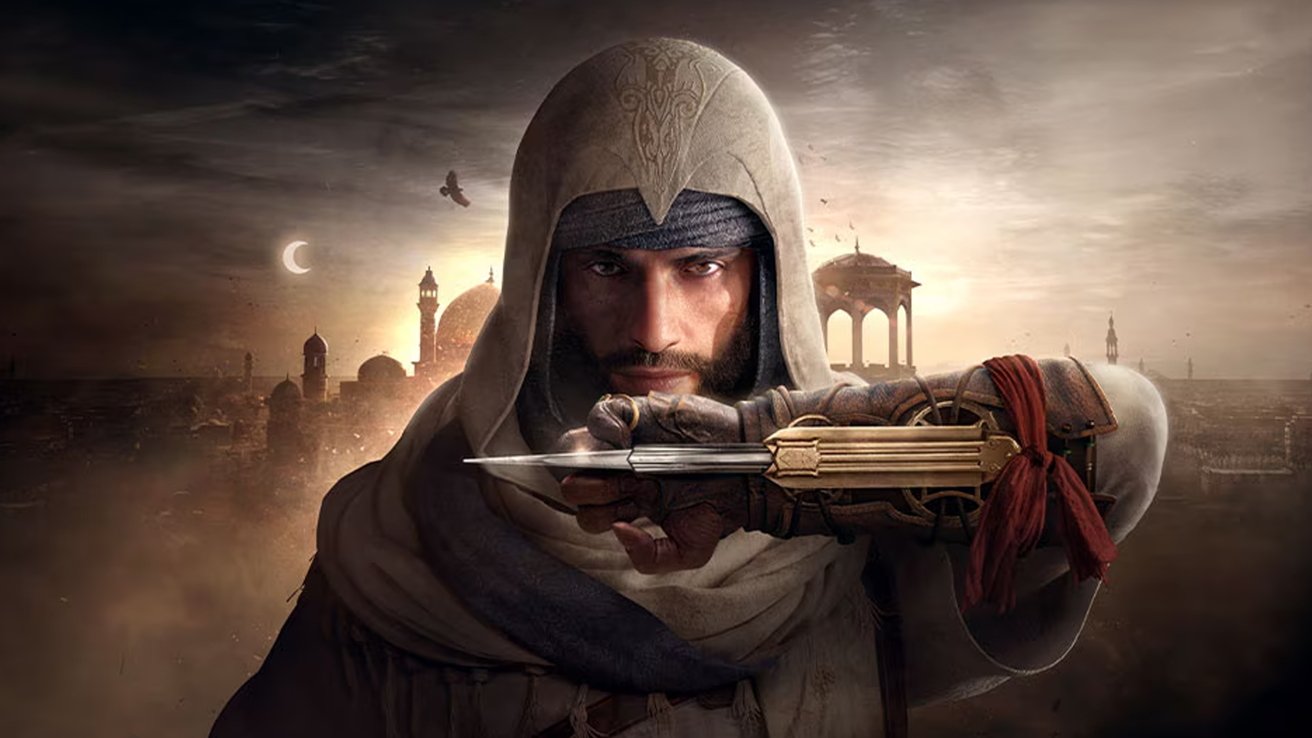 Hooded figure holding a sword with Middle Eastern architecture and a crescent moon in the background.