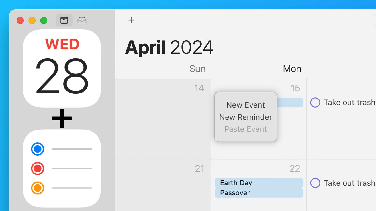 A concept image showing Calendar app on macOS with Reminders integration. The Calendar and Reminders icons are on one side.