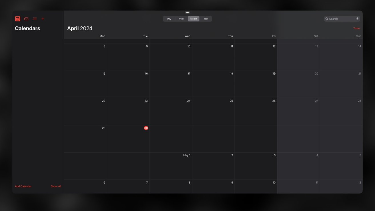 A screenshot of the current Calendar app on iPadOS