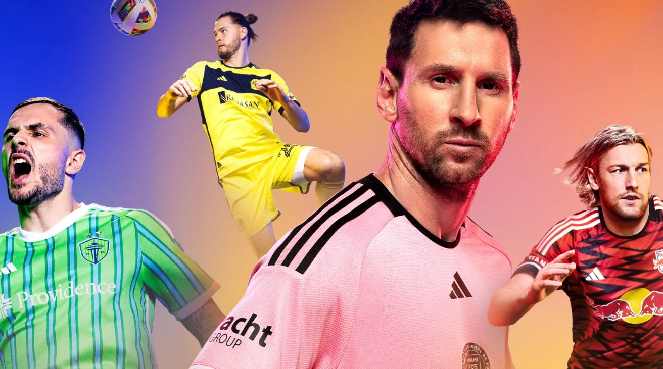 Montage of four male soccer players in various colorful kits, against a vibrant multicolored background.