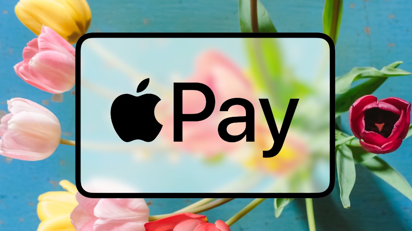 A smartphone displaying Apple Pay logo surrounded by colorful tulips on a blue background.