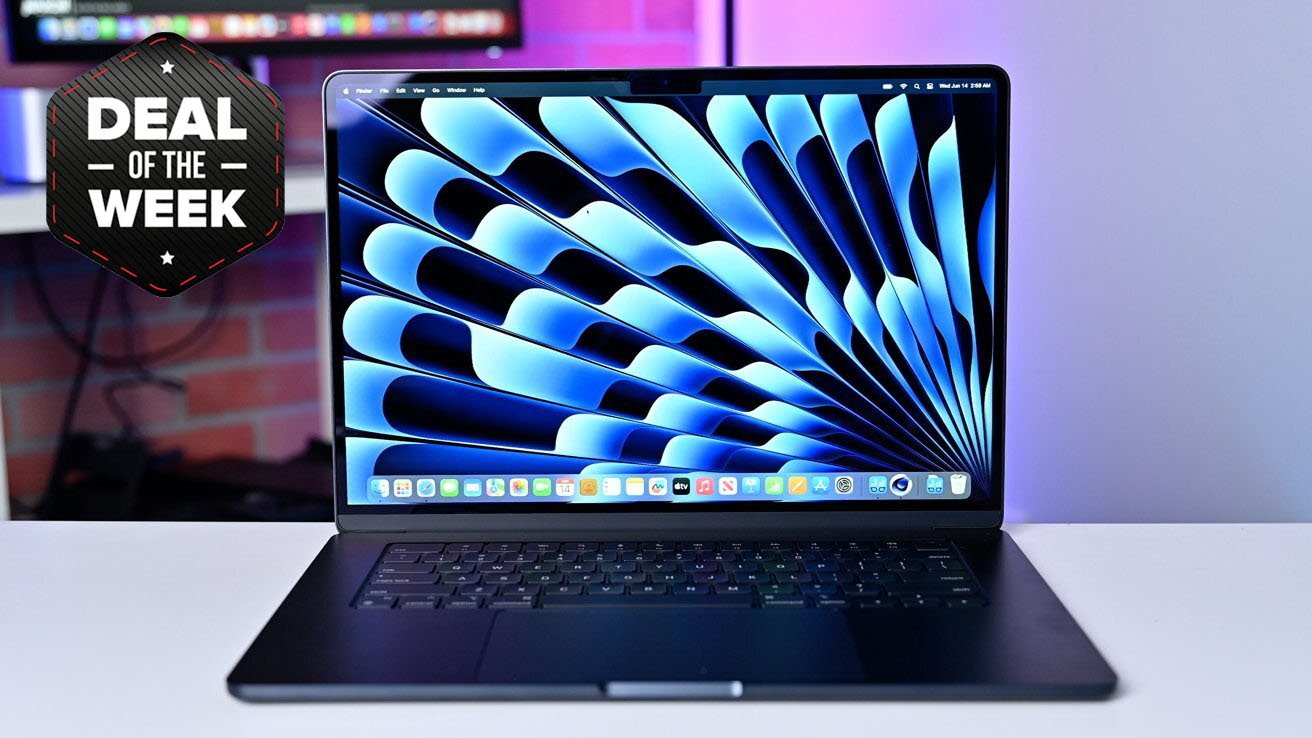 A MacBook Air in Midnight on a desk with a colorful abstract wallpaper on the screen, and a 'Deal of the Week' graphic in the corner.