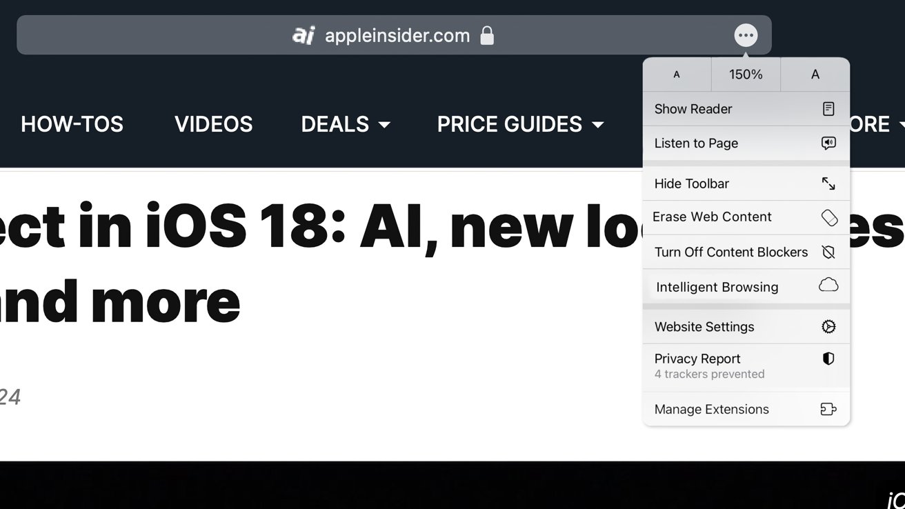 An image showing a Safari window open to AppleInsider's website. The open menu shows selections including Intelligent Browsing.