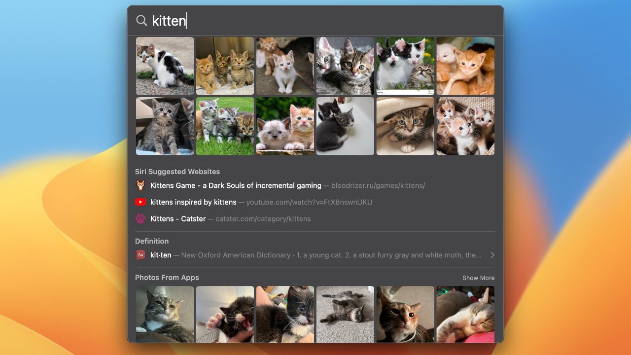 A Spotlight search result for 'kitten' showing various images of kittens