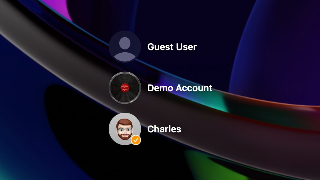 Three user profiles labeled 'Guest User,' 'Demo Account,' and 'Charles' against a colorful abstract background.