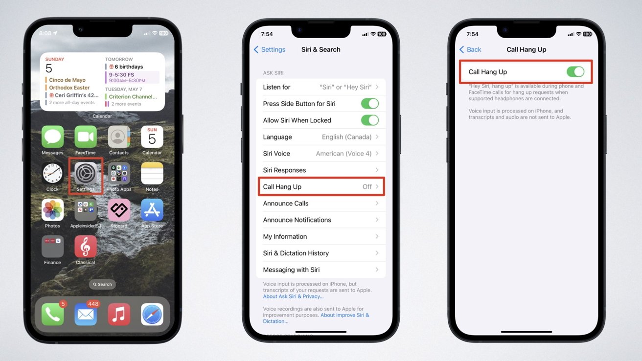 Three iPhone screens displaying settings for Siri including a new 'Call Hang Up' feature.