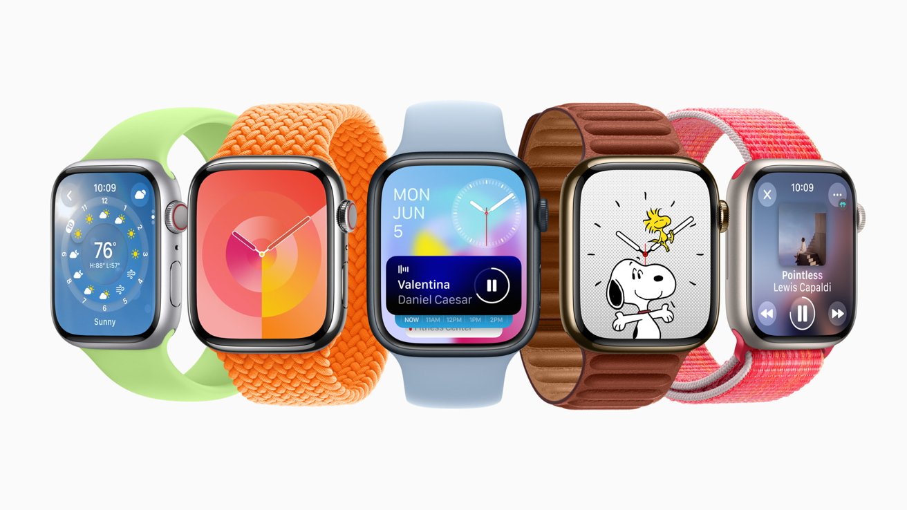 Five Apple Watch models with different straps and displays showing weather, music, date, cartoon character, and a song album cover.