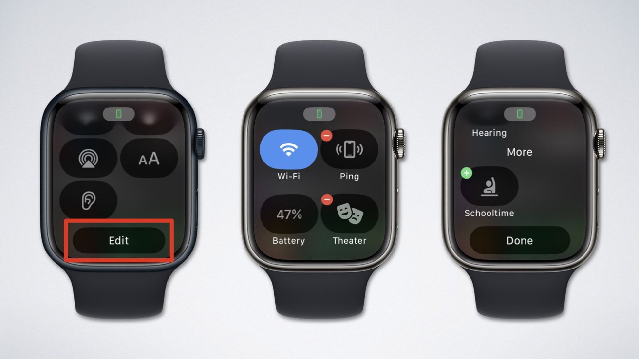 Three pictures of an Apple Watch displaying different Control Center screens with various icons and one highlighted button labeled Edit.