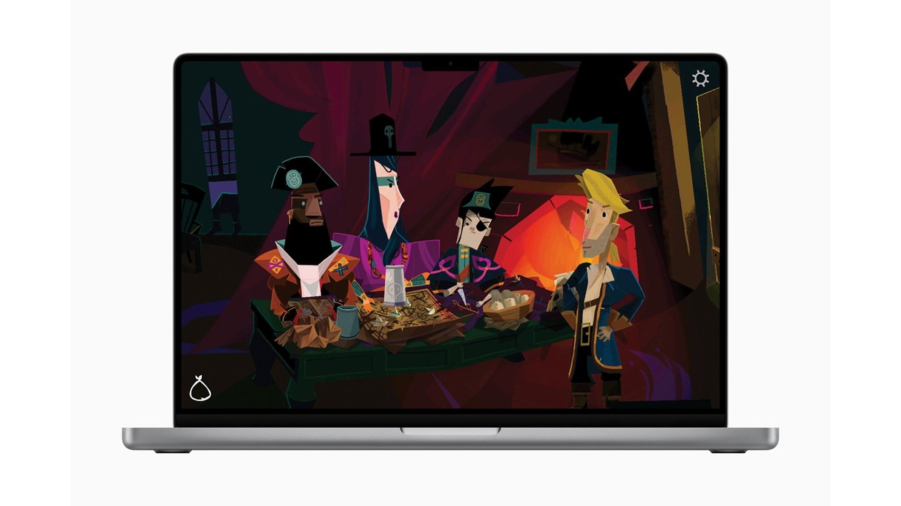 A laptop displaying an animated pirate-themed scene with distinctively styled characters around a table inside a dimly lit room.