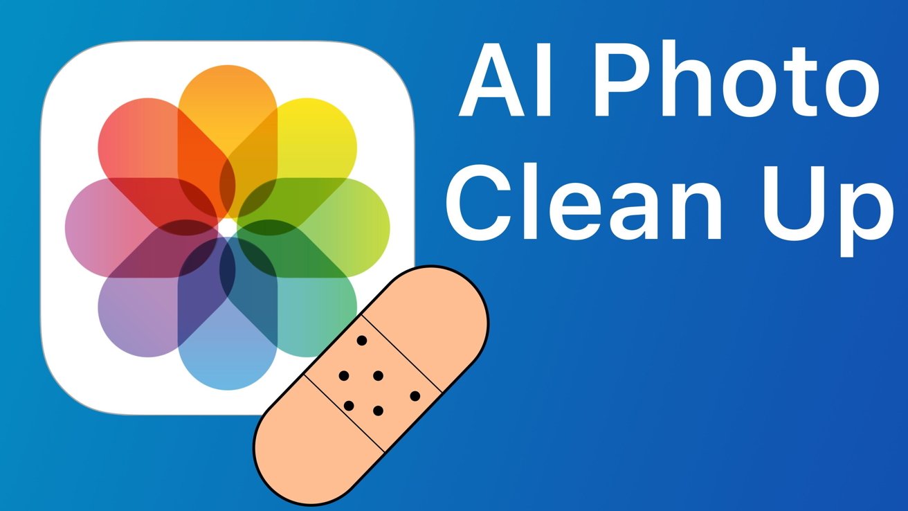 Colorful flower-like icon with overlapping petals next to text 'AI Photo Clean Up' and an adhesive bandage graphic.