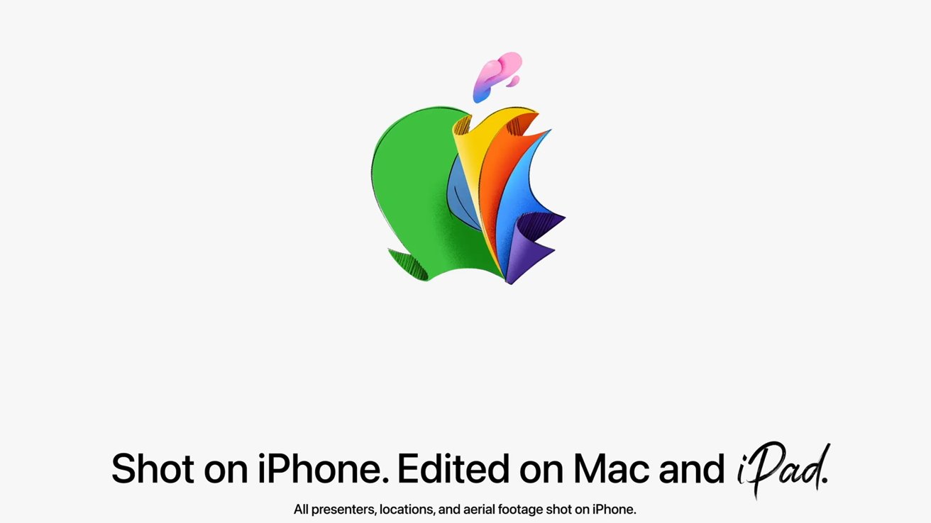 Stylized apple logo with colorful, abstract shapes against a white background with text about photography and editing on Apple devices.