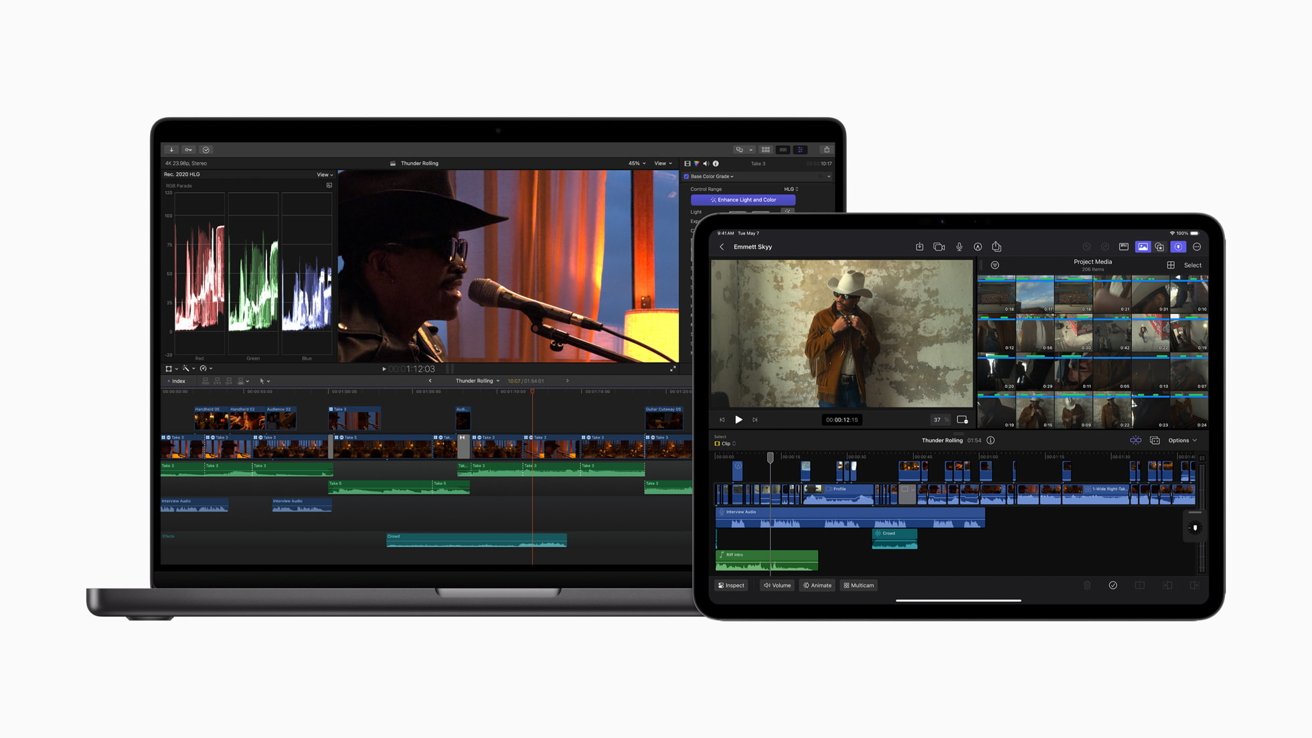 A laptop and tablet displaying video editing software with timelines, audio waveforms, and clips of a person performing.