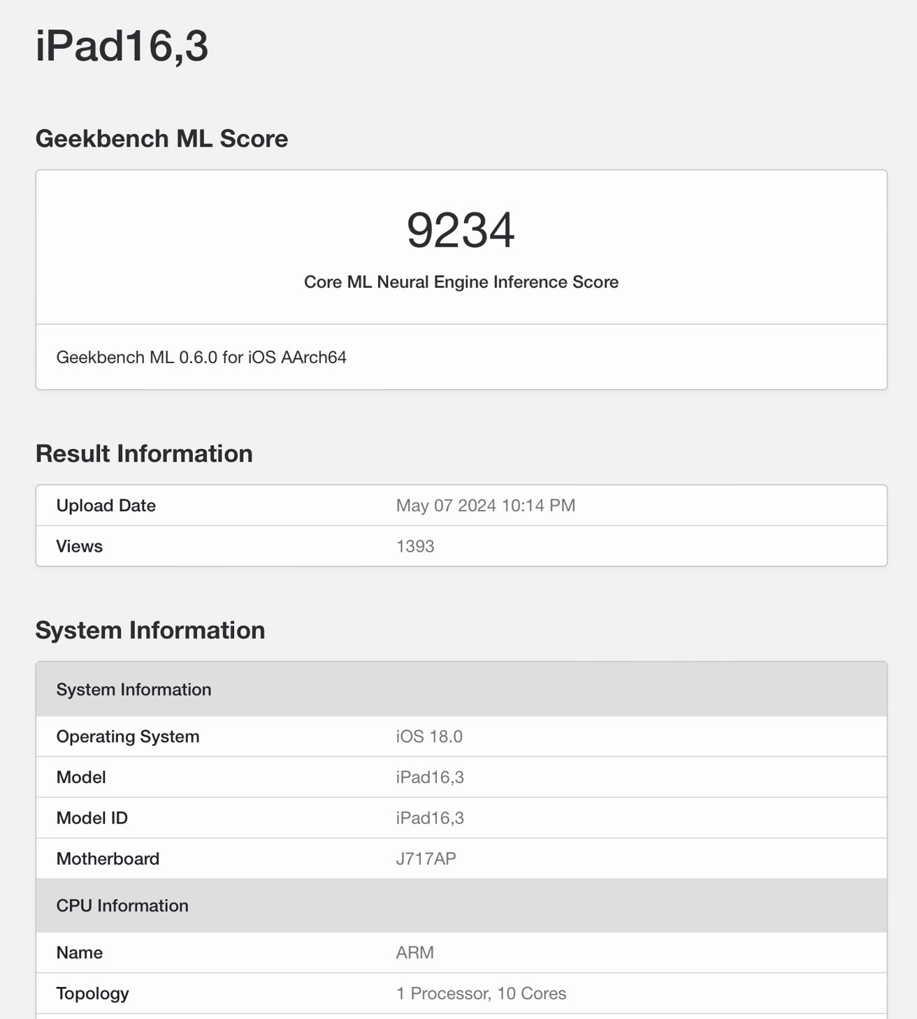 Screenshot showing Geekbench ML Score for iPad16,3 with a score of 9234, upload date, and system details including iOS 18.0 and CPU information.