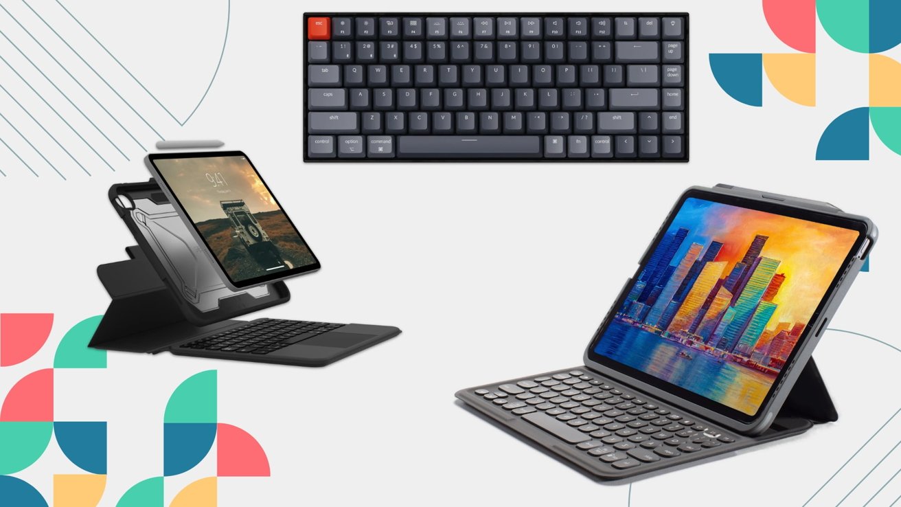 Mechanical keyboard and two tablet devices with stands and external keyboards on an abstract colorful background.