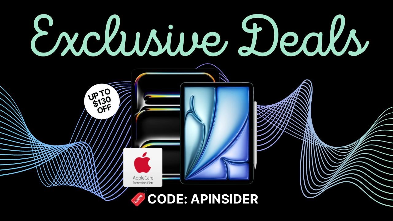 Promotional graphic featuring the text 'Exclusive Deals up to $130 off' with Apple iPad Pro M4 and iPad Air 2024 and a discount code against a dark background with blue waves.