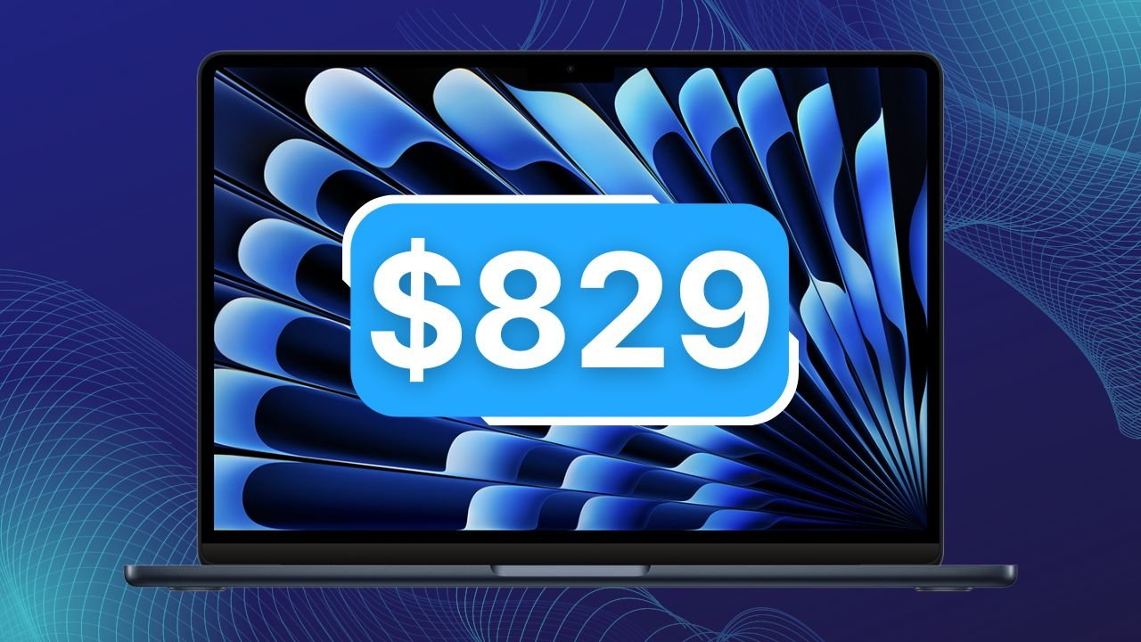 M2 MacBook Air displaying a vibrant graphic with a blue price tag of $829 overlaid on the screen.