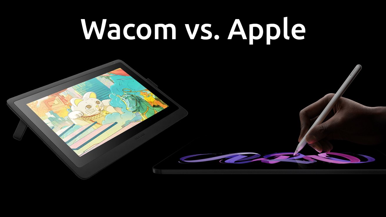 Graphic tablets from Wacom and Apple showing digital artwork, a hand drawing on the latter with a stylus, and text 'Wacom vs. Apple' above.