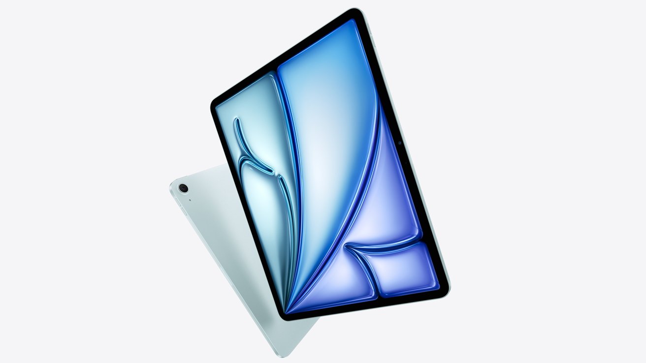 Two modern tablets with blue abstract wallpaper overlapping against a white background.