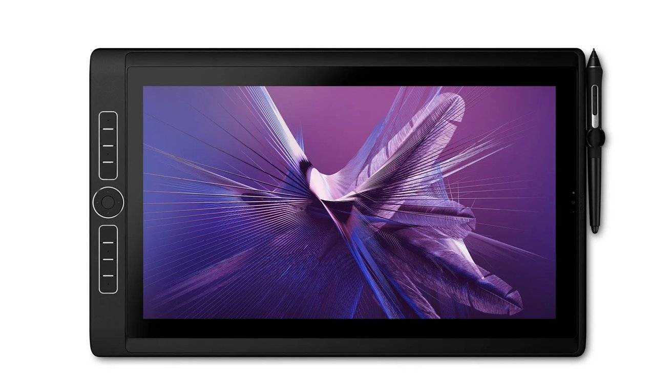 A graphics tablet with stylus displaying abstract purple art and interface buttons on its side.
