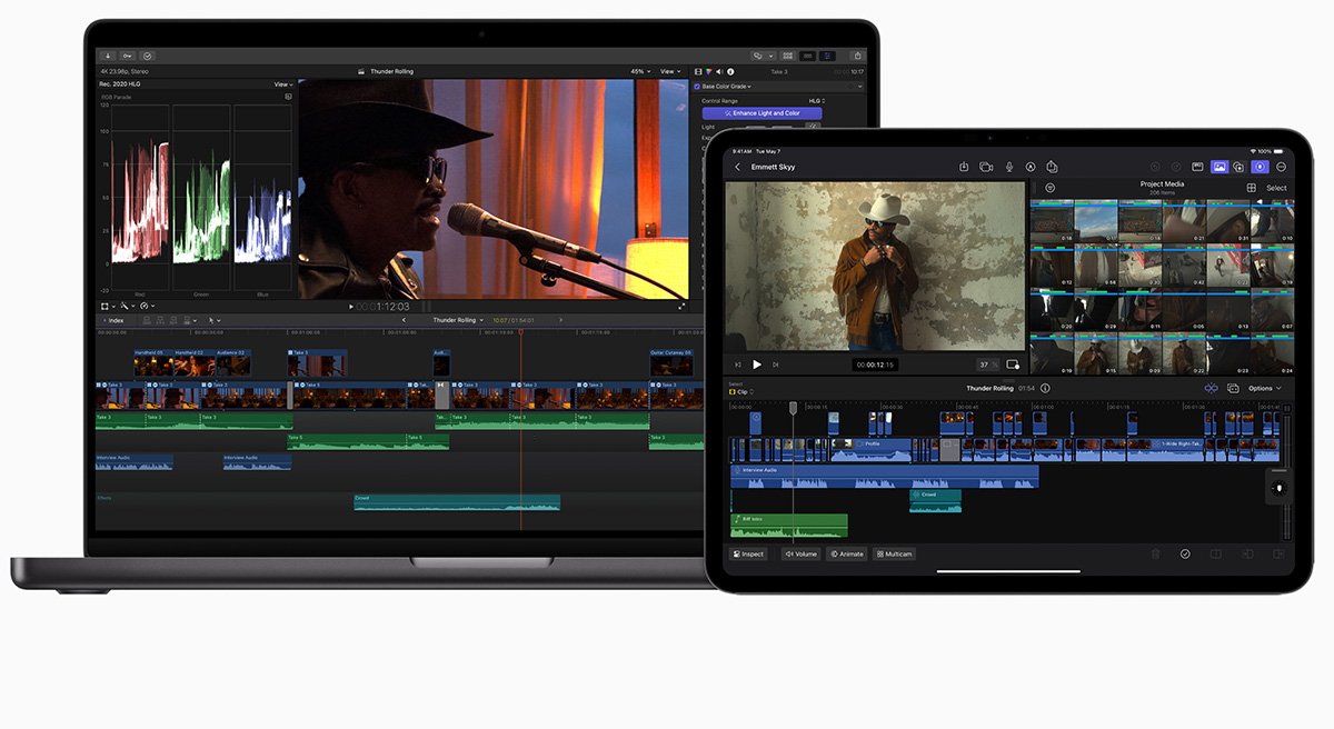 A MacBook Pro and iPad displaying Final Cut Pro video editing software with timelines, clips, and audio editing features, showcasing a man singing into a microphone.