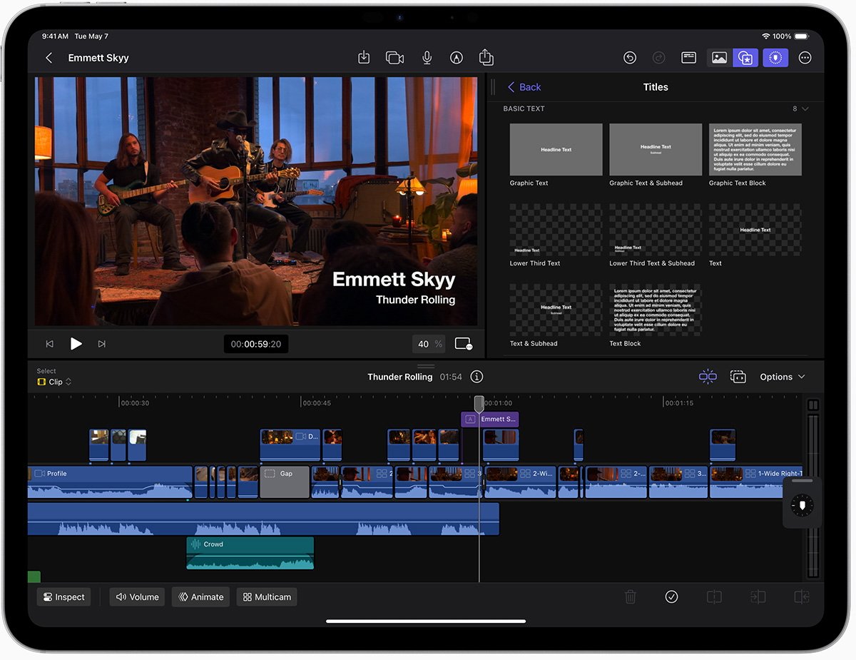 iPad displaying Final Cut Pro video editing software with a music band performance on the timeline and title graphics options on the right.