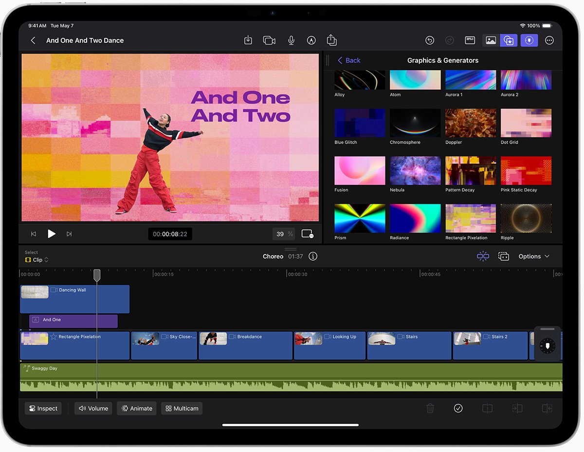 iPad displaying Final Cut Pro video editing app interface with a project timeline, colorful graphics thumbnails, and a person dancing in a clip.