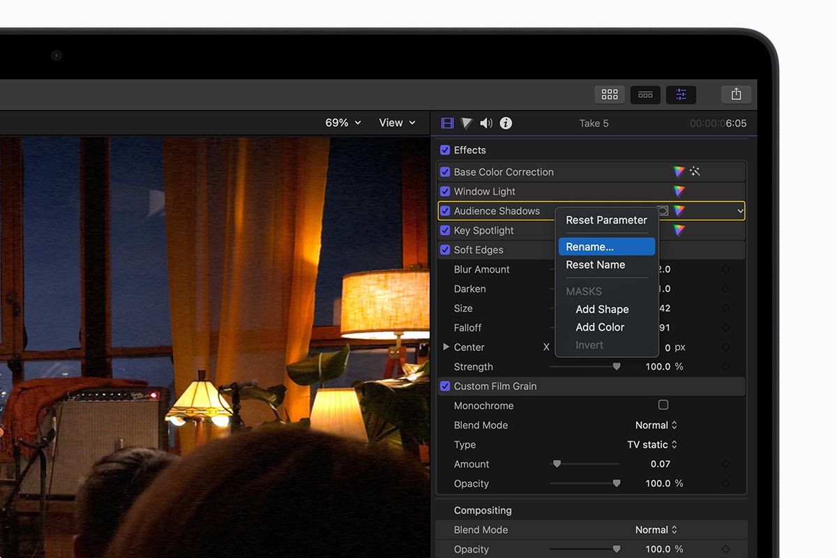 Laptop screen displaying Final Cut Pro 10.8 video editing software with various color correction controls and a scene of a room with lamps.