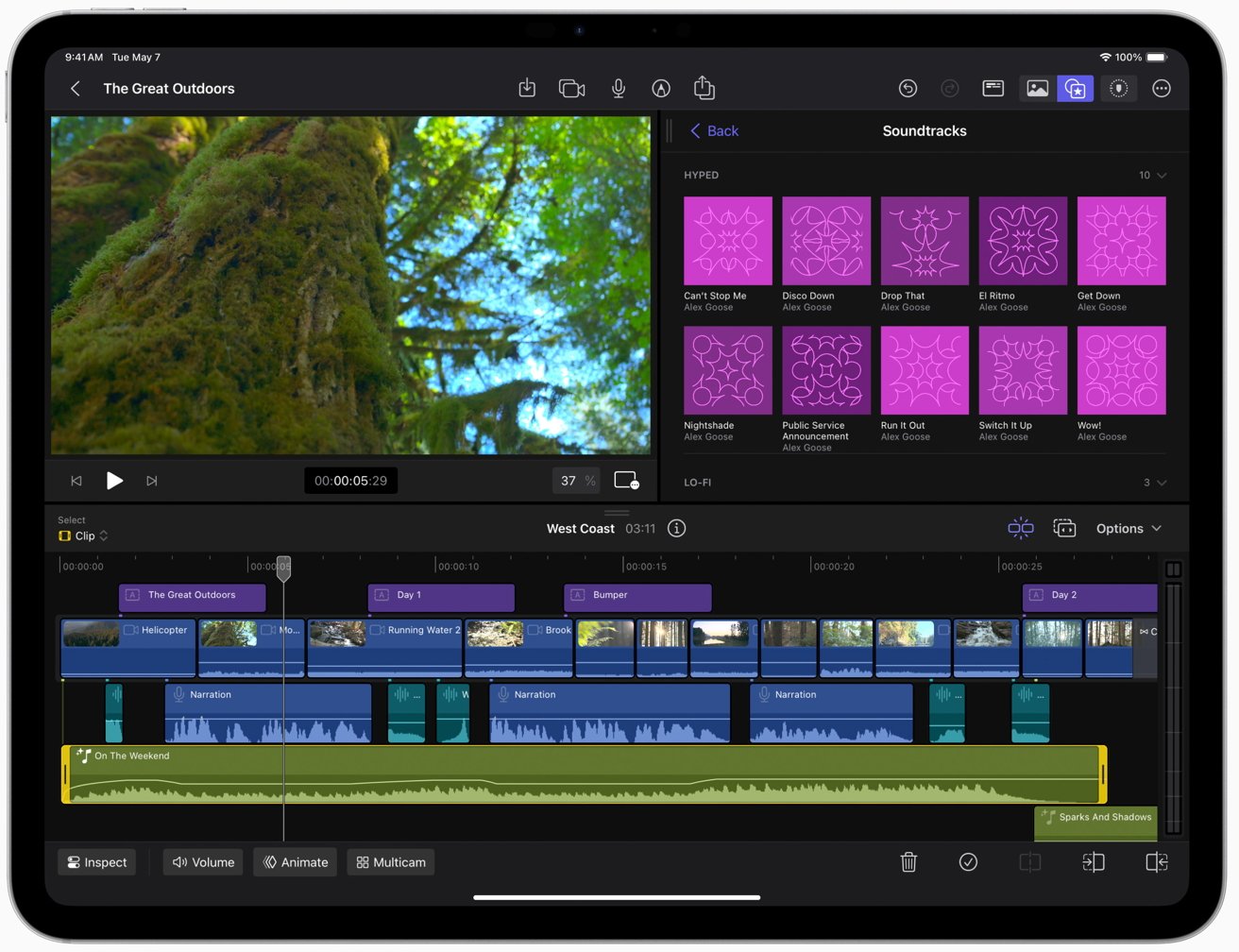Screen of a iPad showing Final Cut Pro video editing app interface with a timeline, clips, soundtracks, and playback controls.