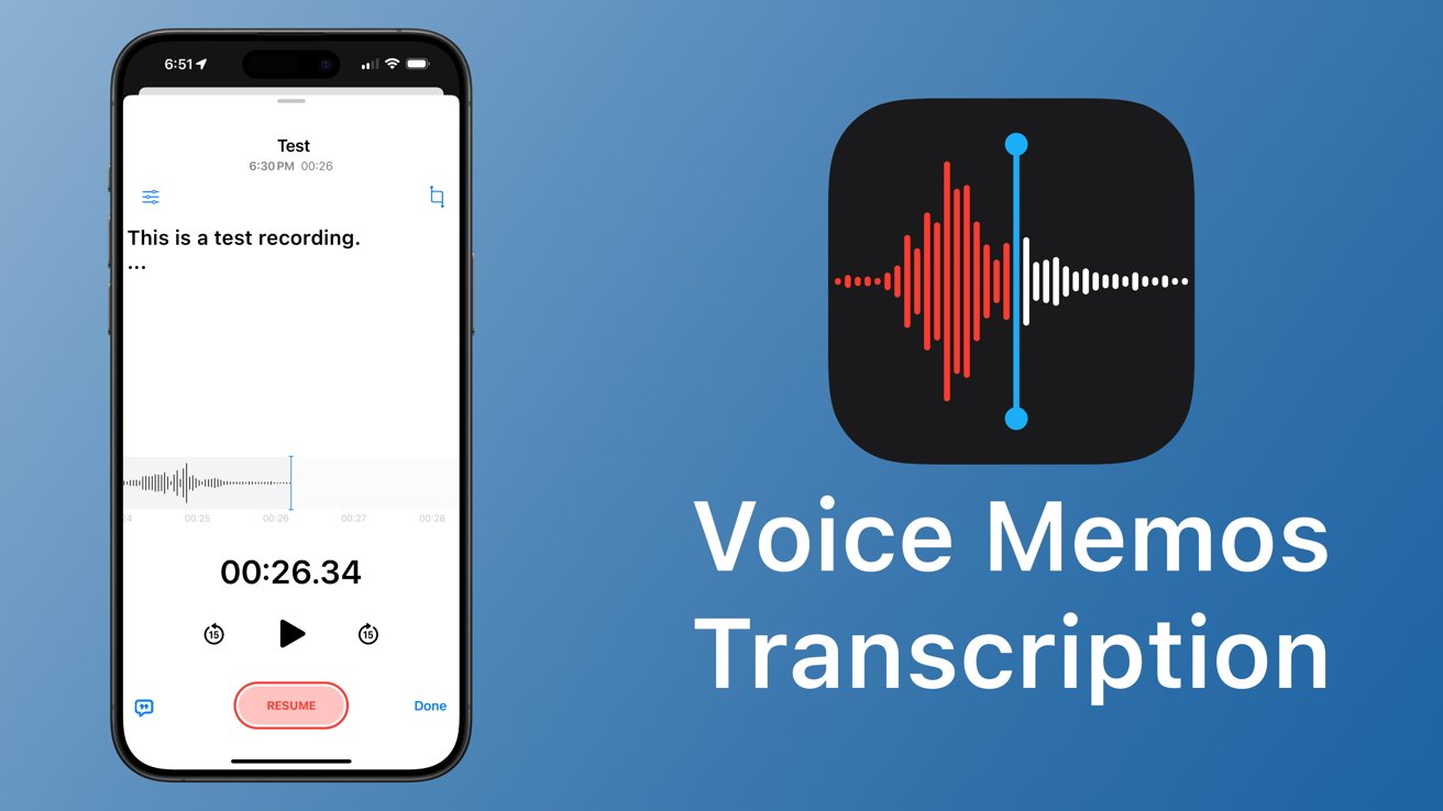 iPhone showing a voice recording app interface with playback controls, flanked by a Voice Memos Transcription logo.
