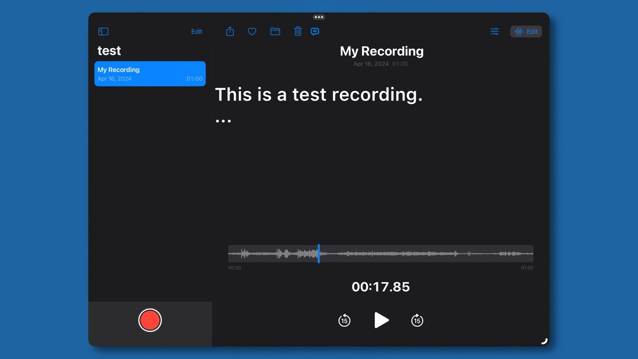 Screenshot of a voice recording application with an audio waveform, playback controls, and the text 'This is a test recording.'