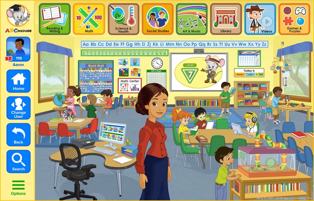 A home screen showing a teacher in a classroom setting, with program options arranged in tiles at the top.