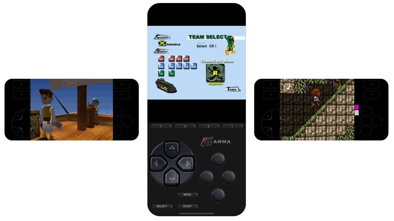 Screenshots of the Gamma emulator showing various game screens