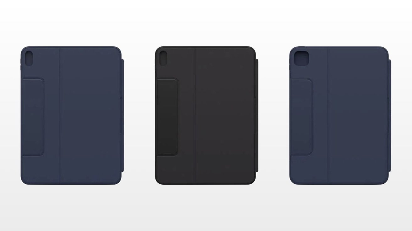 Three iPad covers, viewed from the back, in black and blue colors