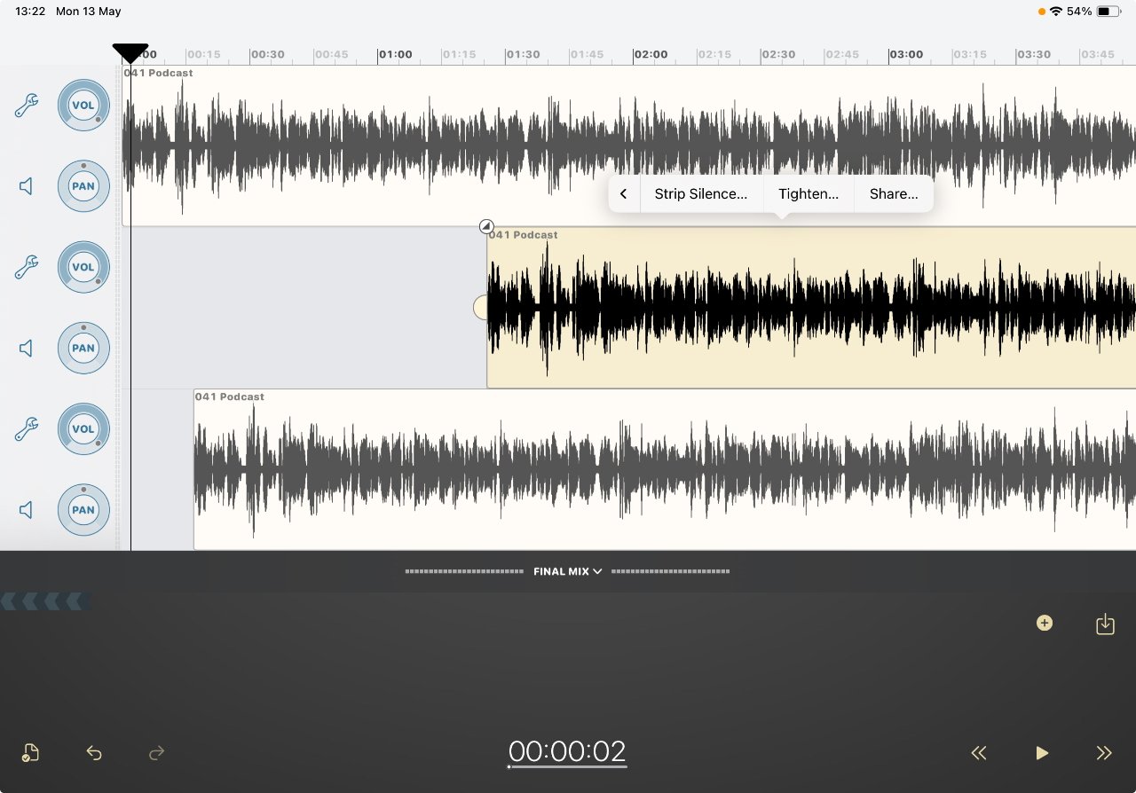Multiple audio tracks being edited in Ferrite for iPad