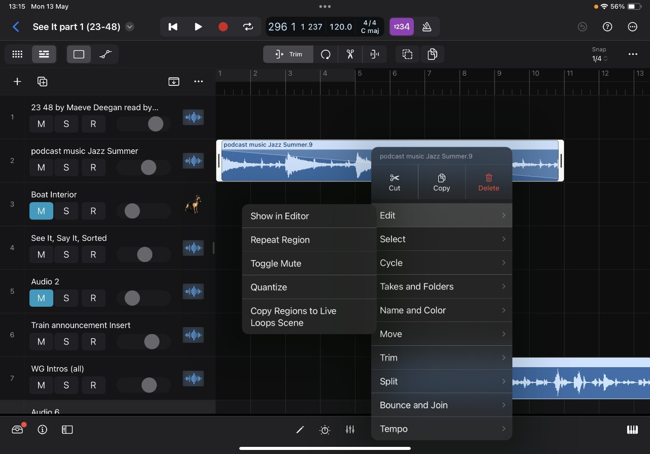 Editing an audio track in Logic Pro for iPad