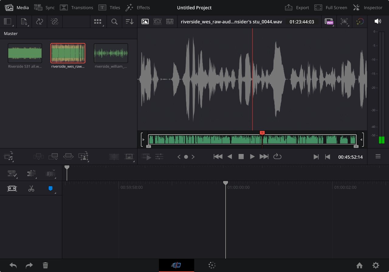 Screenshot of video editing app DaVinci Resolve being used to edit audio
