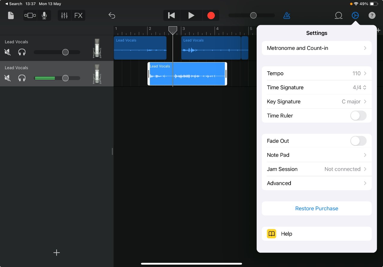 Editing tracks in Apple's GarageBand app for iPad