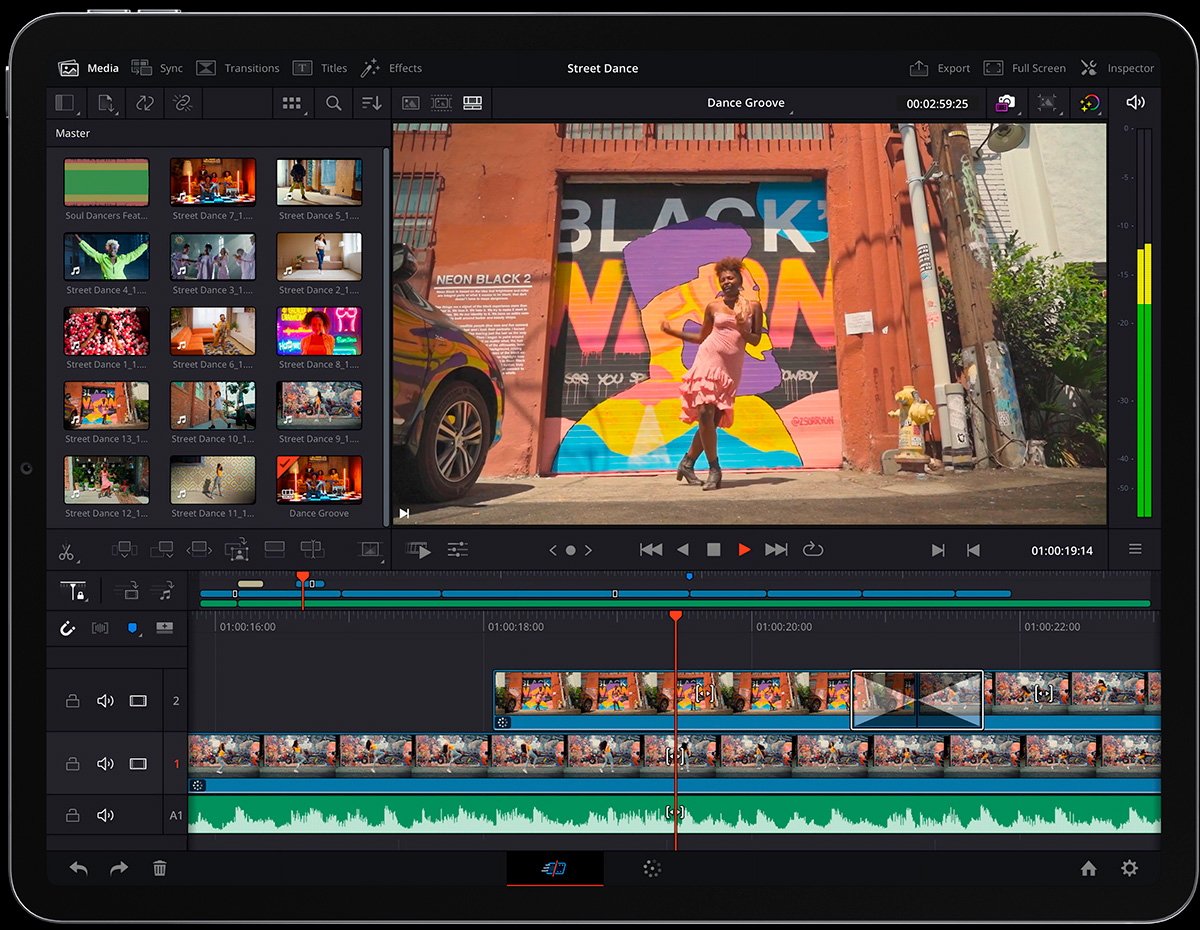 A screenshot DaVinci Resolve for iPad video editing software interface showing a dance scene with a colorful urban backdrop.