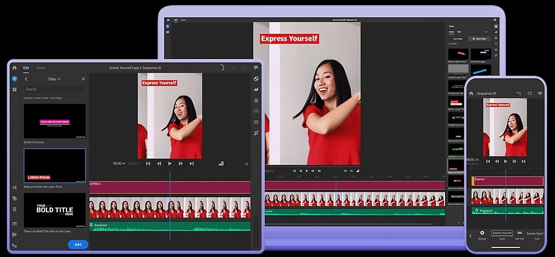 A collage of electronic devices displaying a video editing software interface with a woman in a red dress featured in the center.