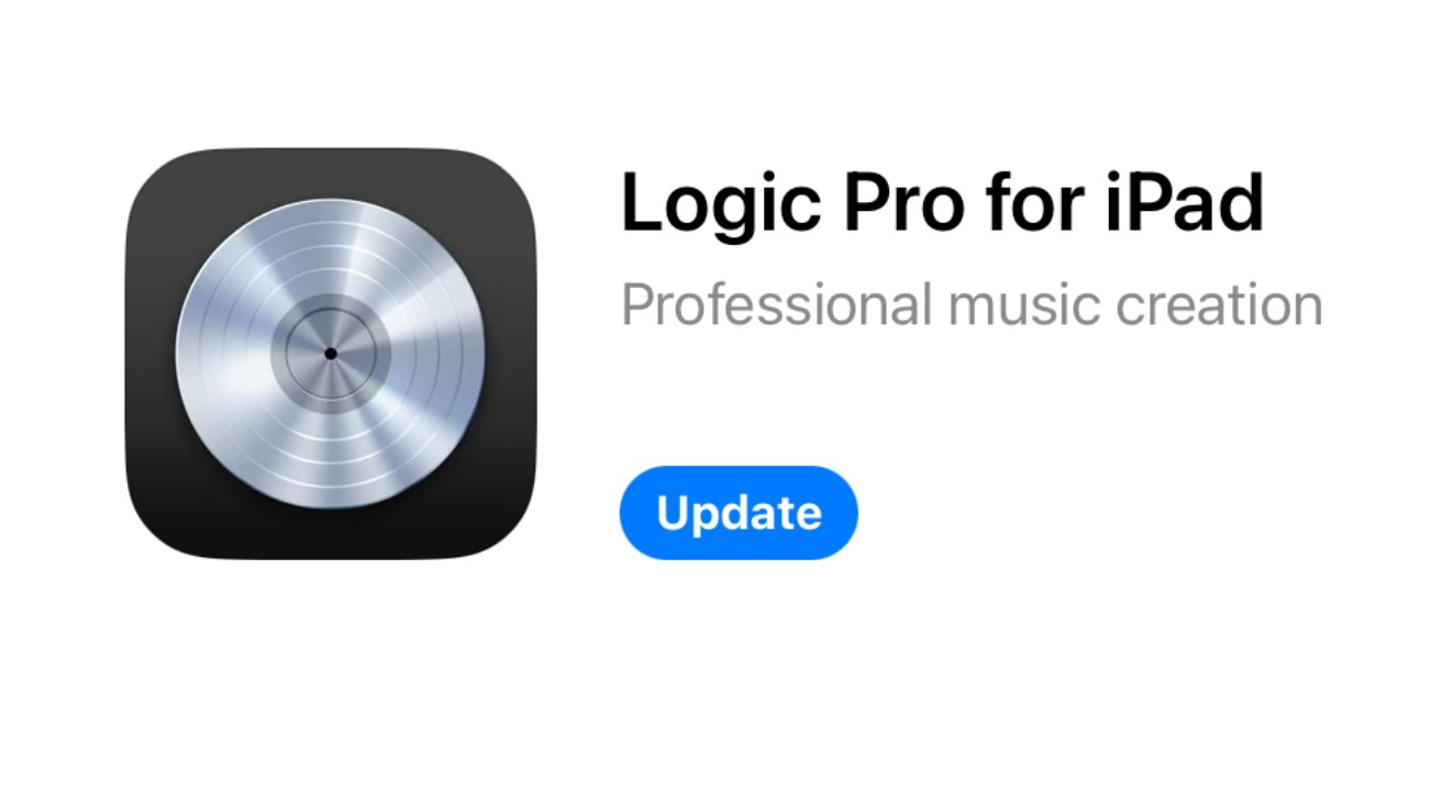 App icon for Logic Pro for iPad labeled 'Professional music creation' with a blue update button below.